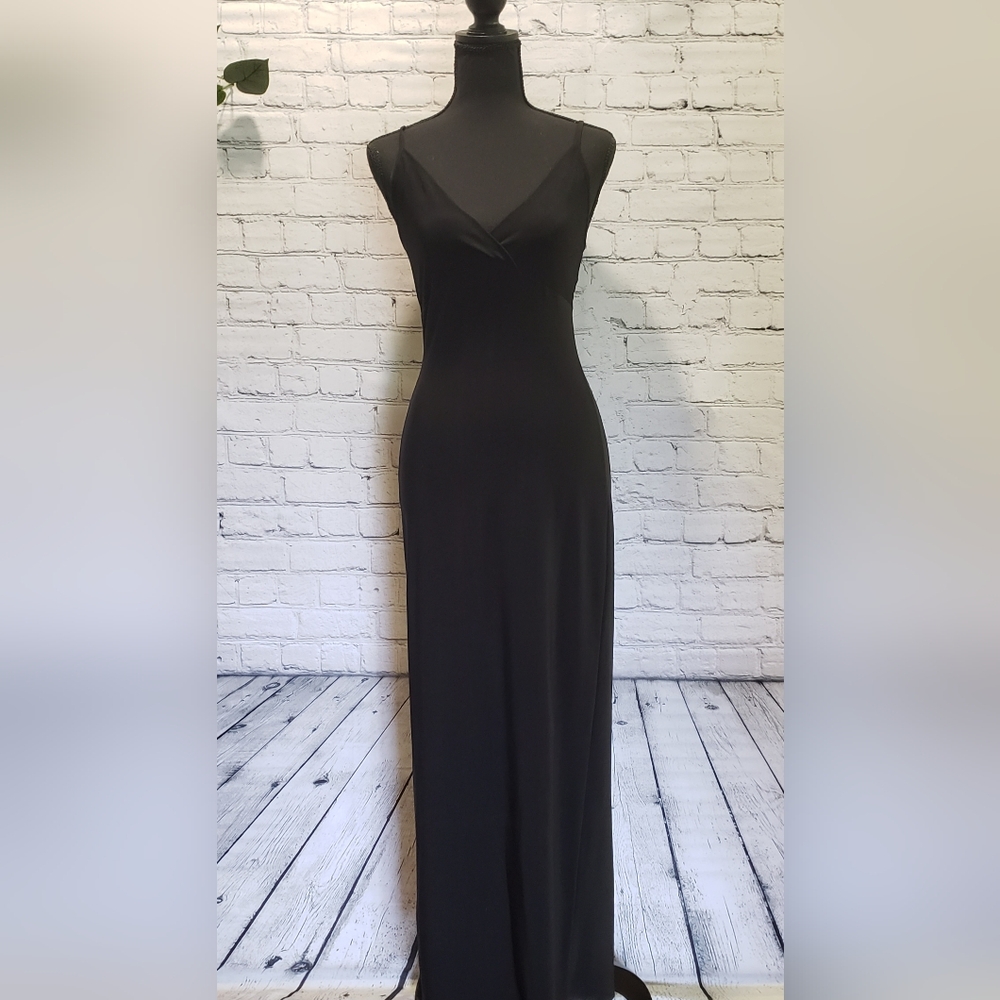 Black Viscous Adjustable Criss Cross Spaghetti Straps Gown w/ Back Bottom Slit.